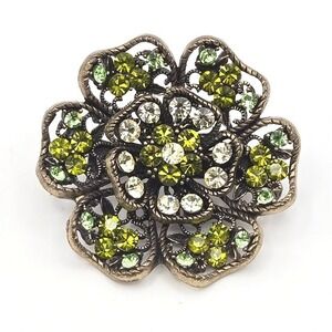 Vintage Flower Brooch Green Rhinestone Gem Embellished Pin Antiqued Gold Tone